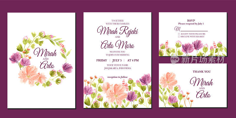 Hand painted of purple and peach floral watercolor wedding invitation